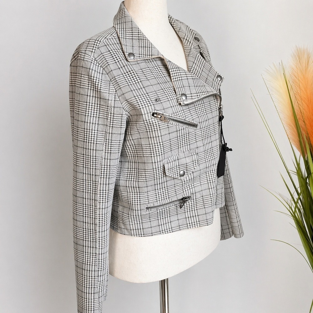 Revolve New Blank NYC Glen Neutral Plaid Moto Zip Front Jacket SZ Medium Boho - Picture 3 of 12